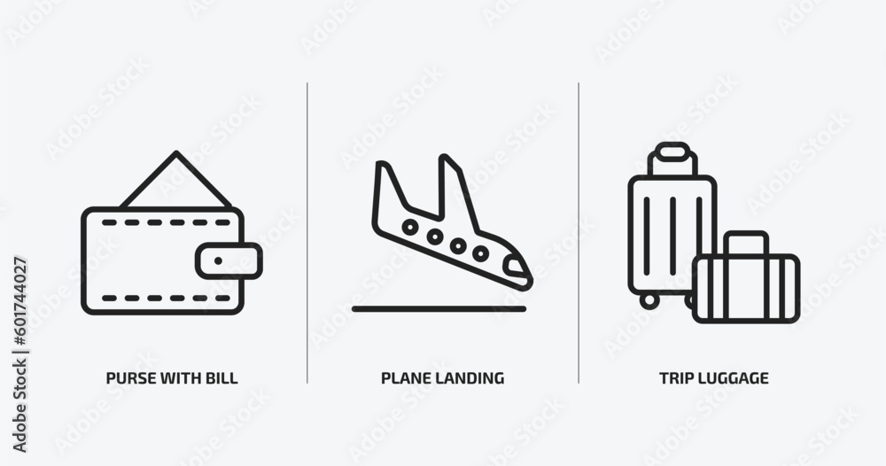 airport terminal outline icons set. airport terminal icons such as purse with bill, plane landing, trip luggage vector. can be used web and mobile.