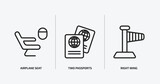 airport terminal outline icons set. airport terminal icons such as airplane seat, two passports, right wing vector. can be used web and mobile.