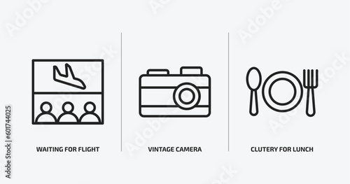 airport terminal outline icons set. airport terminal icons such as waiting for flight, vintage camera, clutery for lunch vector. can be used web and mobile. photo