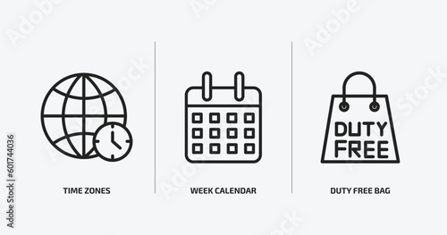 airport terminal outline icons set. airport terminal icons such as time zones, week calendar, duty free bag vector. can be used web and mobile.