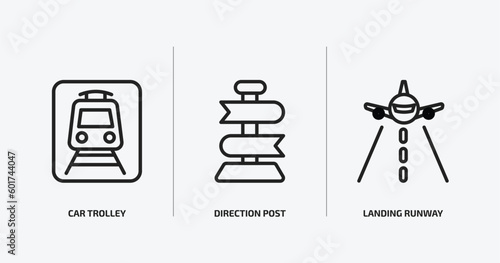 airport terminal outline icons set. airport terminal icons such as car trolley, direction post, landing runway vector. can be used web and mobile.