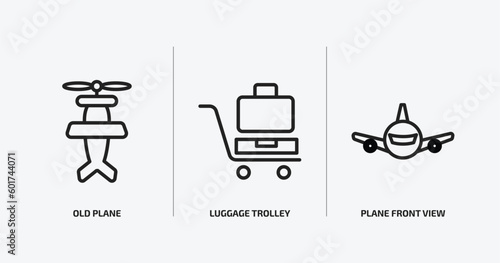 airport terminal outline icons set. airport terminal icons such as old plane, luggage trolley, plane front view vector. can be used web and mobile.