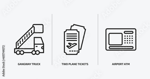 airport terminal outline icons set. airport terminal icons such as gangway truck, two plane tickets, airport atm vector. can be used web and mobile.
