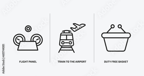 airport terminal outline icons set. airport terminal icons such as flight panel, train to the airport, duty free basket vector. can be used web and mobile.