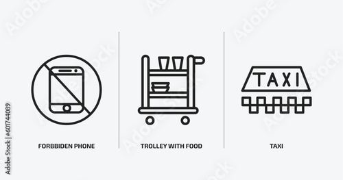 airport terminal outline icons set. airport terminal icons such as forbbiden phone, trolley with food, taxi vector. can be used web and mobile. photo