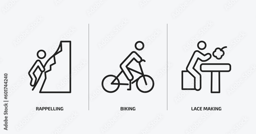 Fototapeta premium activity and hobbies outline icons set. activity and hobbies icons such as rappelling, biking, lace making vector. can be used web and mobile.