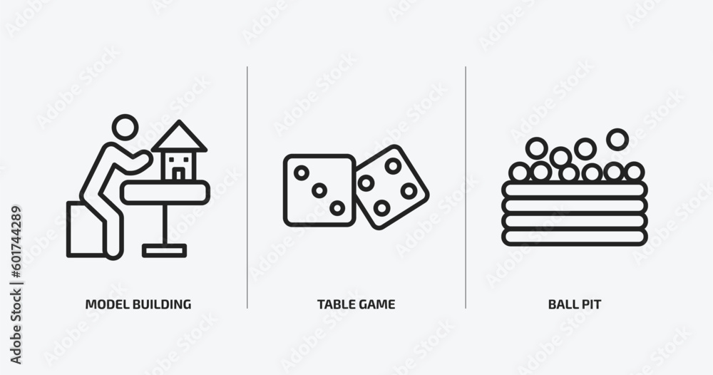 activity and hobbies outline icons set. activity and hobbies icons such as model building, table game, ball pit vector. can be used web and mobile. activity and hobbies outline icons set. activity and hobbies icons such as model building, table game, ball pit vector. can be used web and mobile.