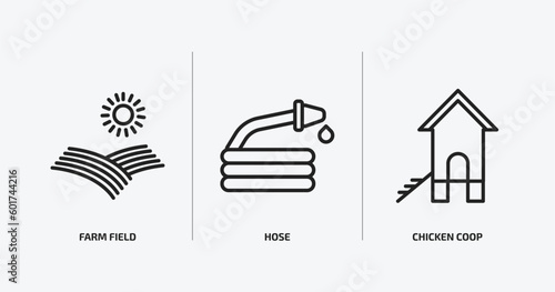 agriculture farming outline icons set. agriculture farming icons such as farm field, hose, chicken coop vector. can be used web and mobile.