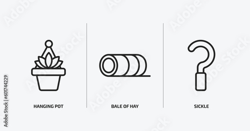 agriculture farming outline icons set. agriculture farming icons such as hanging pot, bale of hay, sickle vector. can be used web and mobile.