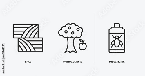 agriculture farming outline icons set. agriculture farming icons such as bale, monoculture, insecticide vector. can be used web and mobile.
