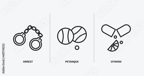 activity and hobbies outline icons set. activity and hobbies icons such as arrest, petanque, vitamin vector. can be used web and mobile.