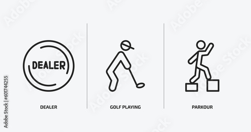 activity and hobbies outline icons set. activity and hobbies icons such as dealer, golf playing, parkour vector. can be used web and mobile.