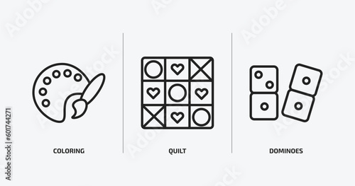 activity and hobbies outline icons set. activity and hobbies icons such as coloring, quilt, dominoes vector. can be used web and mobile.