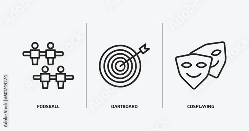 activity and hobbies outline icons set. activity and hobbies icons such as foosball, dartboard, cosplaying vector. can be used web and mobile.