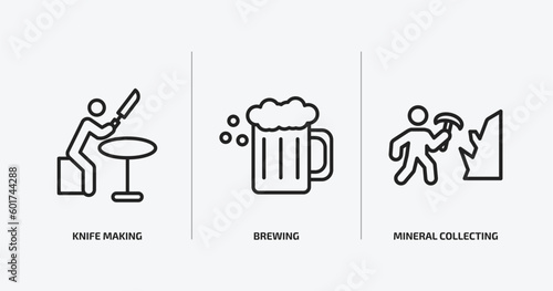 activity and hobbies outline icons set. activity and hobbies icons such as knife making, brewing, mineral collecting vector. can be used web and mobile.