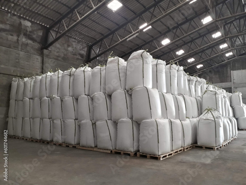 Chemical fertilizer The product stock is packed in sacks, stacked in the warehouse, waiting for delivery.