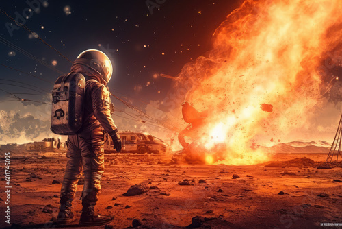 Astronaut burning on a planet