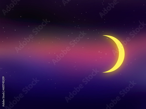 Twilight sky with crescent moon and stars, Islamic religious concept and Ramadan Kareem, Eid al-Fitr, Eid al-Adha. Muslim holy month Ramadan Kareem festival invitation