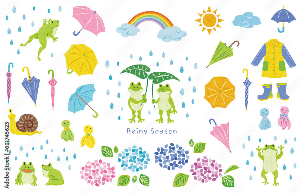 Fototapeta premium ６月 梅雨 カエルや紫陽花などのイラスト素材セット