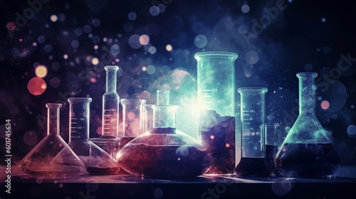 A series of beakers with a blue light behind them for chemistry experiment in laboratory. Created with Generative AI tools.