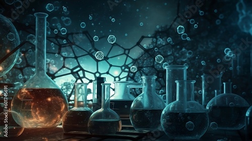 A science experiment with beakers and structures of chemistry molecule in the background. Created with Generative AI tools.