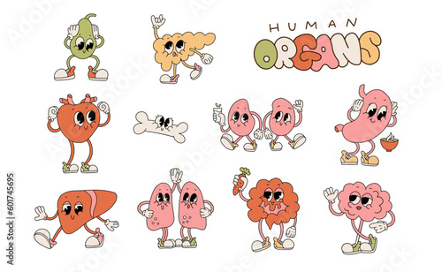 90s-00s retro Cartoon cute organ characters set. Happy healthy human organs, funny kidney, lungs and brain, stomach with faces, arms and legs. Anatomy collection vector illustration.