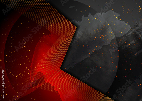 Golden curved lines and shiny dots on black red grunge background. Vector art deco retro design