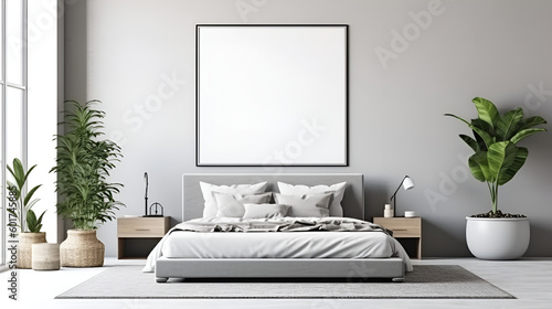 bedroom interior with empty square frame for print or poster mockup, modern gray white bedroom interior for house advertising and background Generative AI