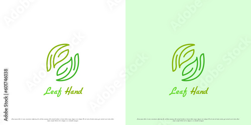Hand leaf logo design illustration. Silhouette line art hand leaf plant tree human people nature enviromental healthy care charity body sign icon. Suitable for environmentally friendly web app icons.
