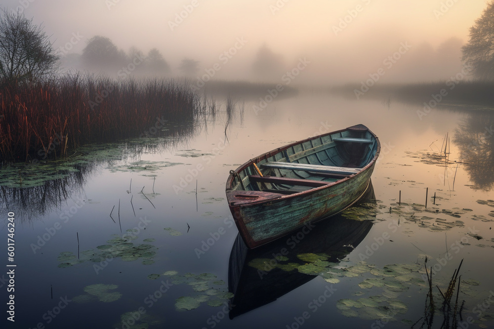 Obraz premium Illustration of a wooden row boat on a calm morning pond. Generative AI. 