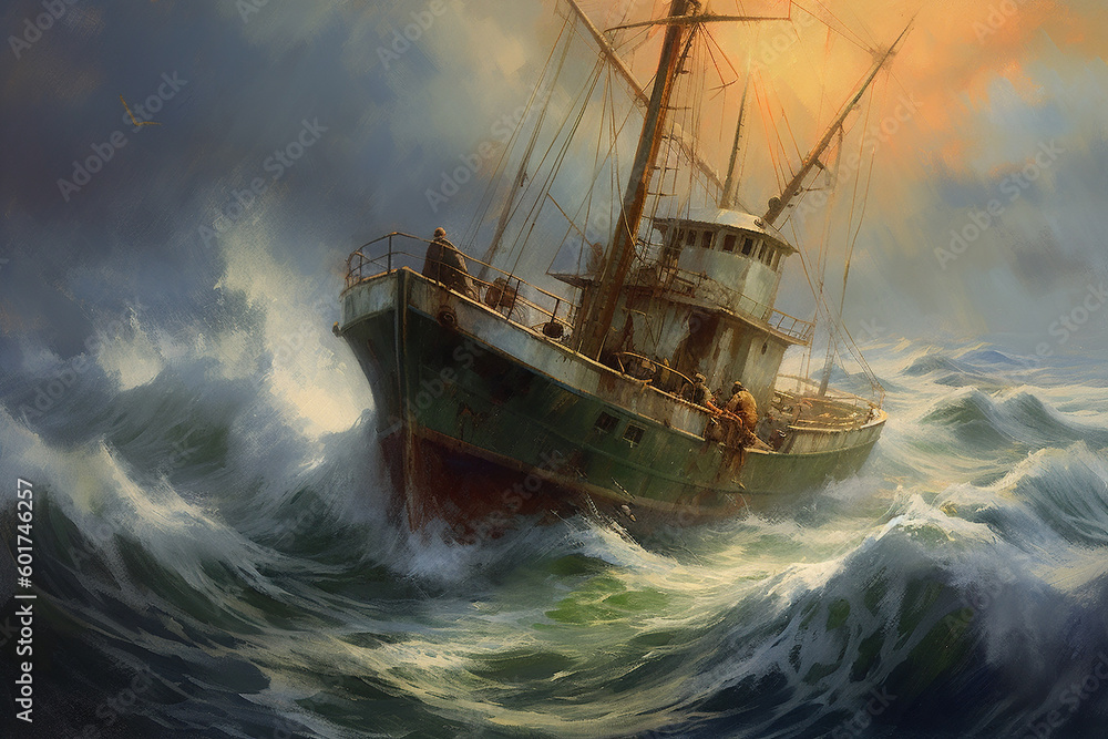 Illustration of a fishing vessel traveling in heavy seas. Generative AI. Illustration of a fishing vessel traveling in heavy seas. Generative AI.