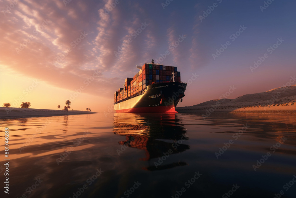 Illustration of a container ship passing through the Panama Canal. Generative AI. Illustration of a container ship passing through the Panama Canal. Generative AI.