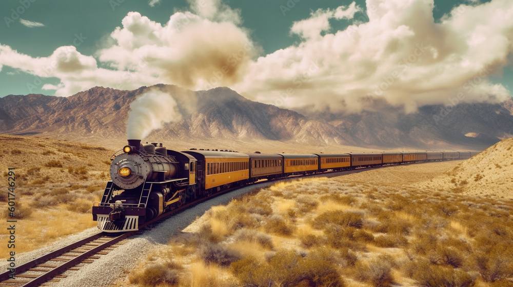 Obraz premium Illustration of a steam train chugging along the track in the American west. Generative AI.