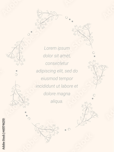 Minimalist wedding invitation template design, 
Elegant light gray floral oval wreath with light cream background.  Vector illustration.