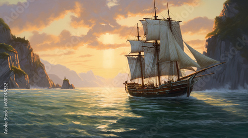 Obraz na plátně Wooden tall ship sailing in a Caribbean island bay