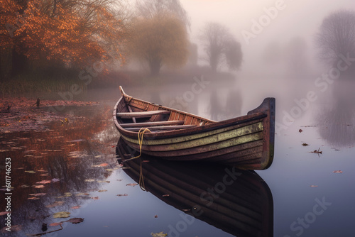 Illustration of a wooden row boat on a calm morning pond. Generative AI. 