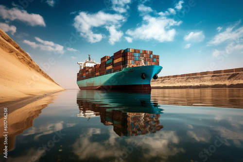 Illustration of a container ship passing through the Panama Canal. Generative AI. 