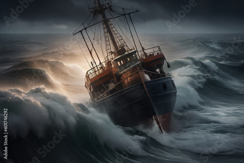 Illustration of a fishing vessel traveling in heavy seas. Generative AI. 
