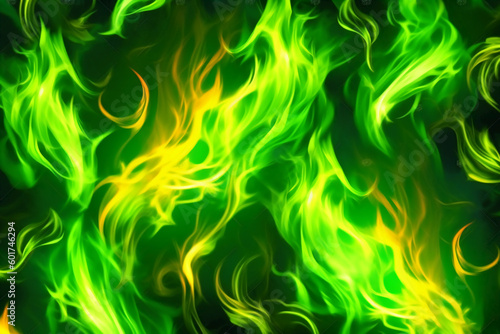 Drawn neon color green, Burning flame background material abstract hand AI generative