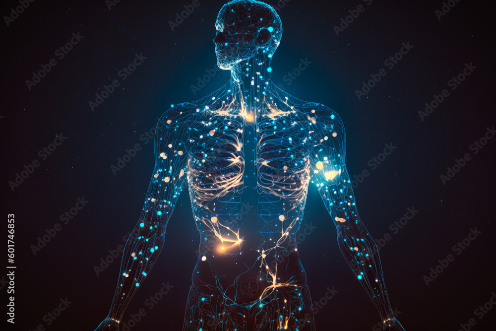 the human body as a constellation, with different body parts forming stars  and constellations in the night sky - Generative AI Stock Illustration