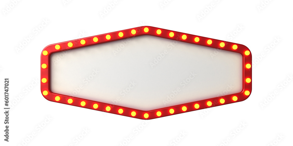 Blank retro billboard sign or blank white signboard with yellow glowing neon light bulbs isolated on white background 3D rendering