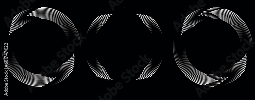 Set of speed lines in circle form. Radial speed Lines in Circle Form for comic books. Technology round Logo. Black thick halftone dotted speed lines