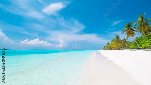 A picturesque top view of Maldives island s tropical beach  with its white sand  palm trees  and turquoise ocean waters creating a postcard-perfect scene. Generative Ai