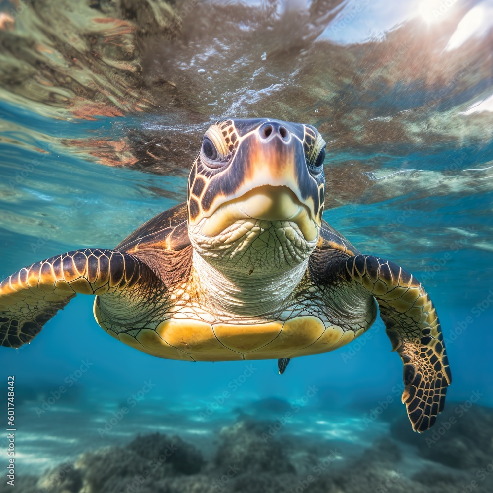 Obraz premium Green sea turtle swimming with beautiful landscape. Generative-AI.