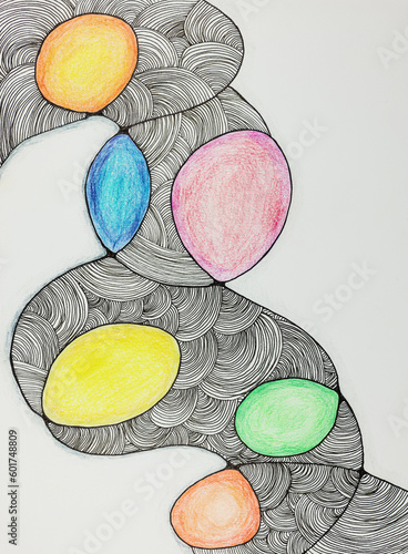 Abstract fantasy with connected balloons. The dabbing technique near the edges gives a soft focus effect due to the altered surface roughness of the paper.