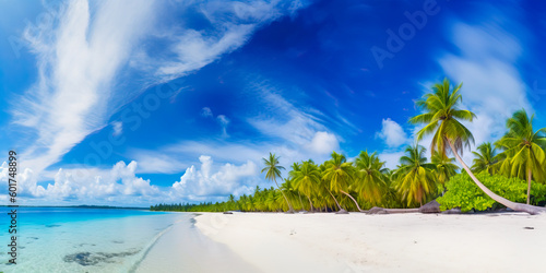 A peaceful top view of Maldives island's tropical beach, with its white sand, palm trees, and turquoise ocean waters creating a calming environment. Generative Ai