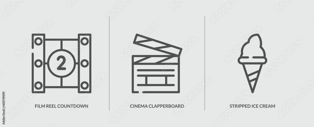 set of 3 outline icons in cinema concept. thin line icons including ...