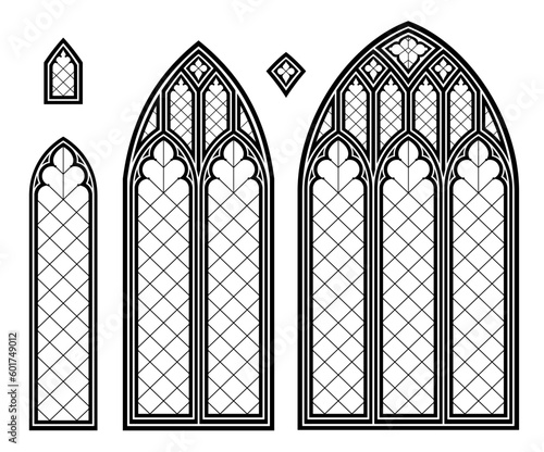 Foto Medieval Gothic stained glass cathedral window set