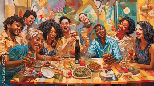 Painting of a group of friends sitting at the table, eating, drinking and celebrating (Generative AI, Generativ, KI)