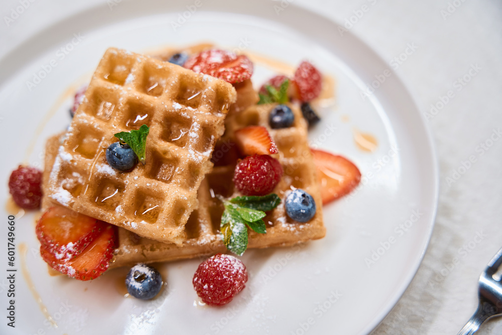 Close-up delicious crunchy waffles with berries and honey Close-up delicious crunchy waffles with berries and honey